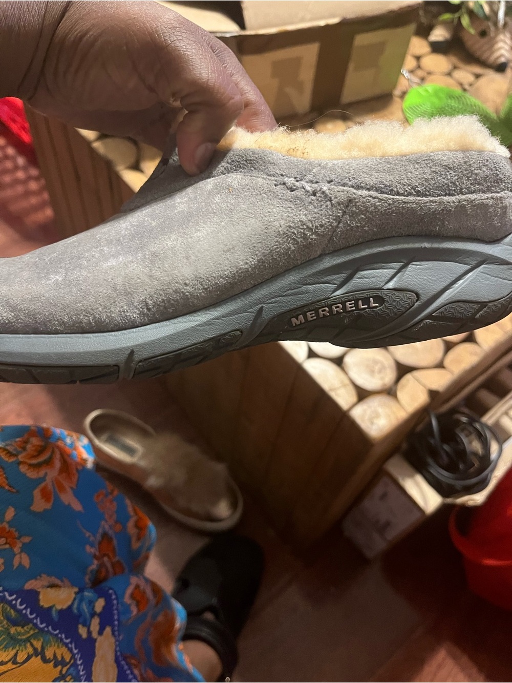 Merrell Gray Suede Shearling-Lined Women's Slip-On Clogs - Picture 2 of 5